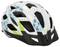 Un casco da bicicletta bianco con motivi blu e verdi, adatto per la protezione durante il ciclismo.