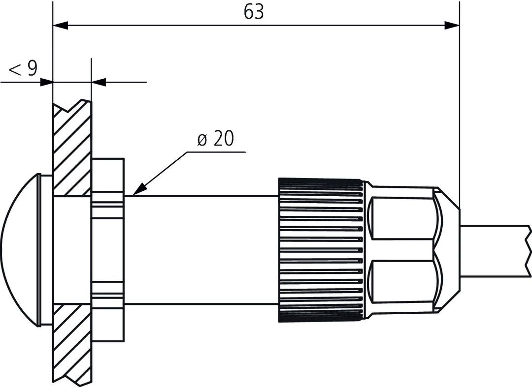 Disegno tecnico di un cilindro metallico con diametro di 20 mm e lunghezza totale di 63 mm, che mostra dettagli precisi.