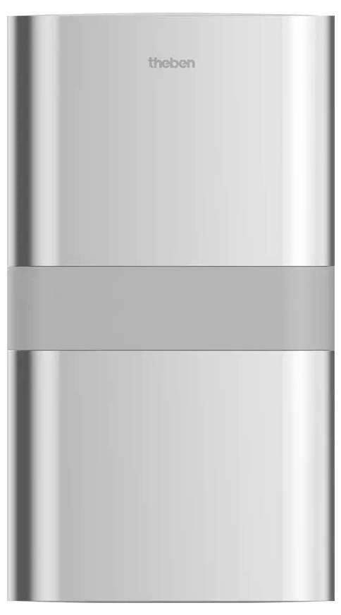 Dispositivo grigio, verticale, con una fascia orizzontale centrale. Superficie lucida, probabilmente un elettrodomestico o un prodotto tecnico.