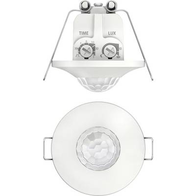 Rilevatore di movimento in supporto bianco con interruttori per portata e sensibilità. Ideale per il montaggio a soffitto per il controllo automatico dell'illuminazione.