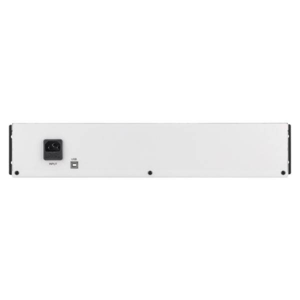 Parte posteriore di un dispositivo elettrico bianco con un connettore di alimentazione nero a sinistra e un connettore USB accanto.