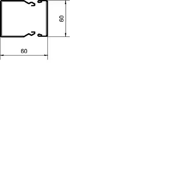 Disegno tecnico di una sezione trasversale. Mostra un profilo quadrato di 60 mm x 60 mm, con due ganci sporgenti nella parte superiore.
