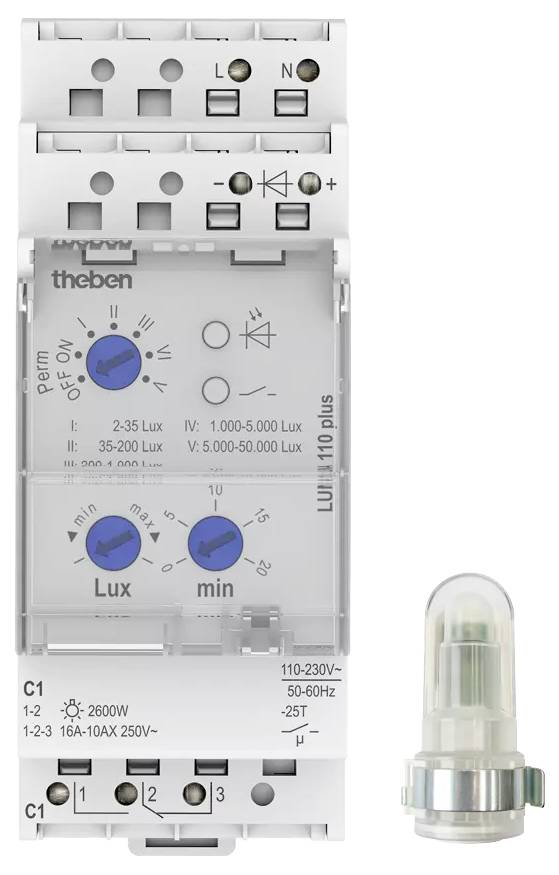 Dispositivo elettronico di controllo con pulsanti blu e grigi per la regolazione dell'intensità luminosa, nome del produttore 'theben' visibile.