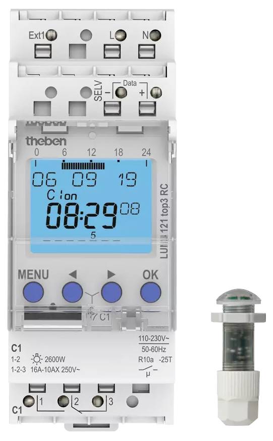 Orologio digitale con display blu che mostra la data '19.06.' e l'ora '08:29'. Pulsanti di impostazione e opzioni di menu sottostanti.