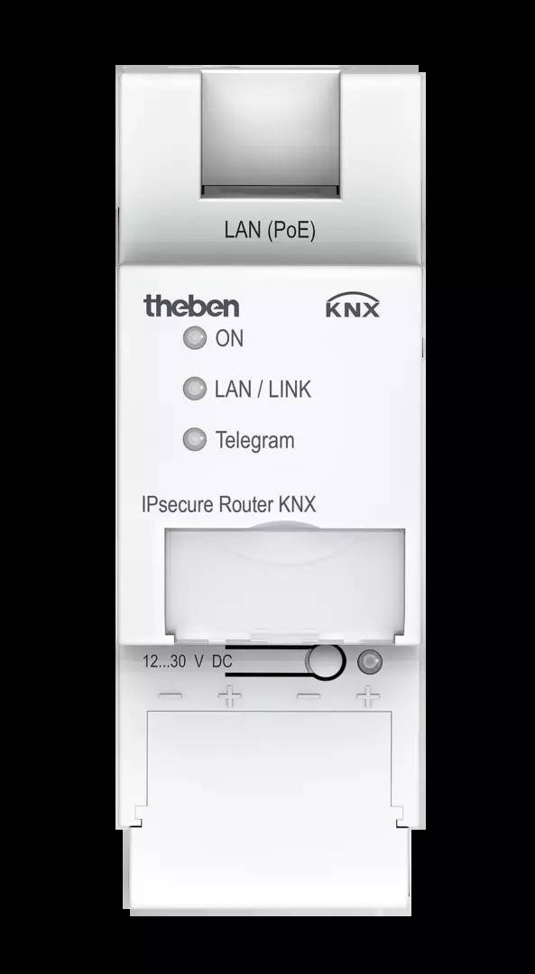 Router KNX IPsecure di Theben con LED per ON, LAN/LINK e Telegramma. Connessioni per LAN (PoE) e 12...30 V DC.