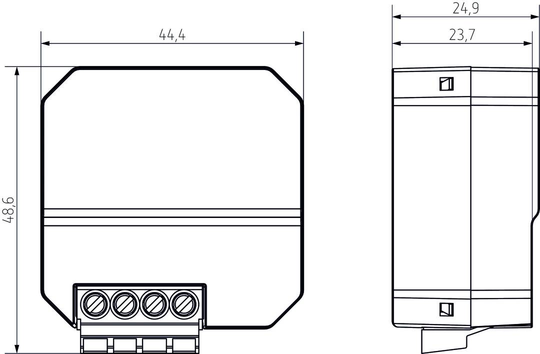 Disegno tecnico di un componente rettangolare con dimensioni, connettori e linee che rappresentano la struttura e la funzionalità.