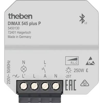 L'immagine mostra un dimmer Theben DIMAX 545 plus P. Dettagli: numero di modello 5450130, prodotto a Haigerloch, Germania. Adatto per 250 W; 230V~ 50/60Hz.