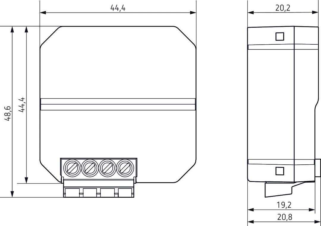 Disegno tecnico di un dispositivo rettangolare con dimensioni. Larghezza: 44,4 mm, con morsetti di connessione in basso.
