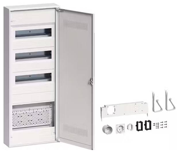 Armadio ripartitore con porta aperta, che mostra gli scomparti interni. Accanto sono posizionati accessori come fissaggi e staffe di montaggio.