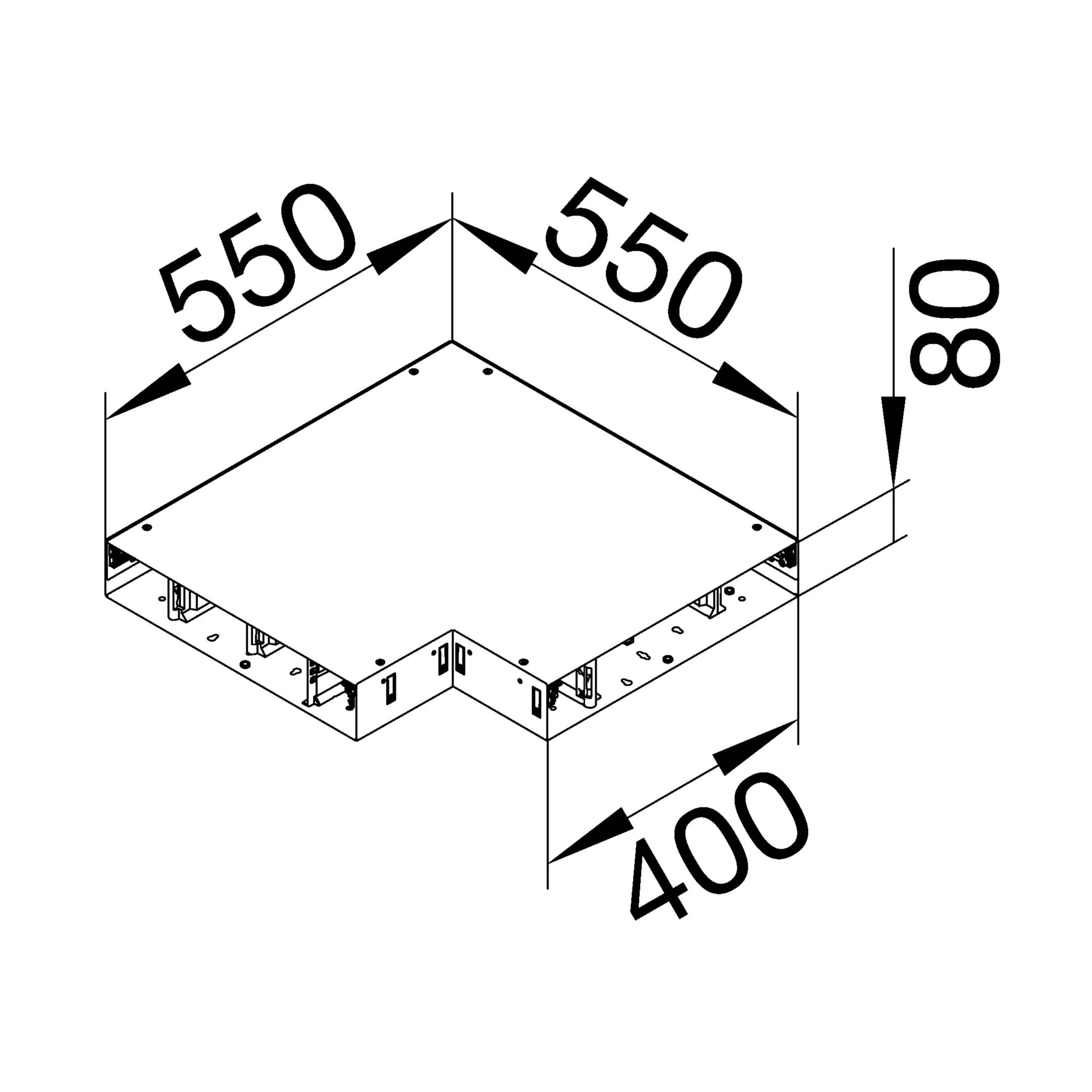 Piattaforma a forma di L con dimensioni 550 x 400 x 80 mm. Angolo destro e punti di peso indicati.