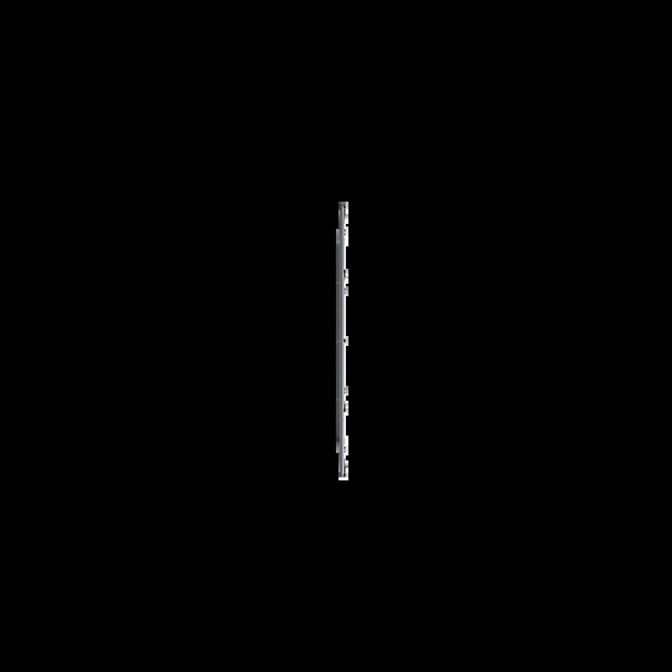 Una vista laterale di uno smartphone mostra la sua forma sottile e minimalista. Pulsanti e porte sono visibili. Lo sfondo è nero.
