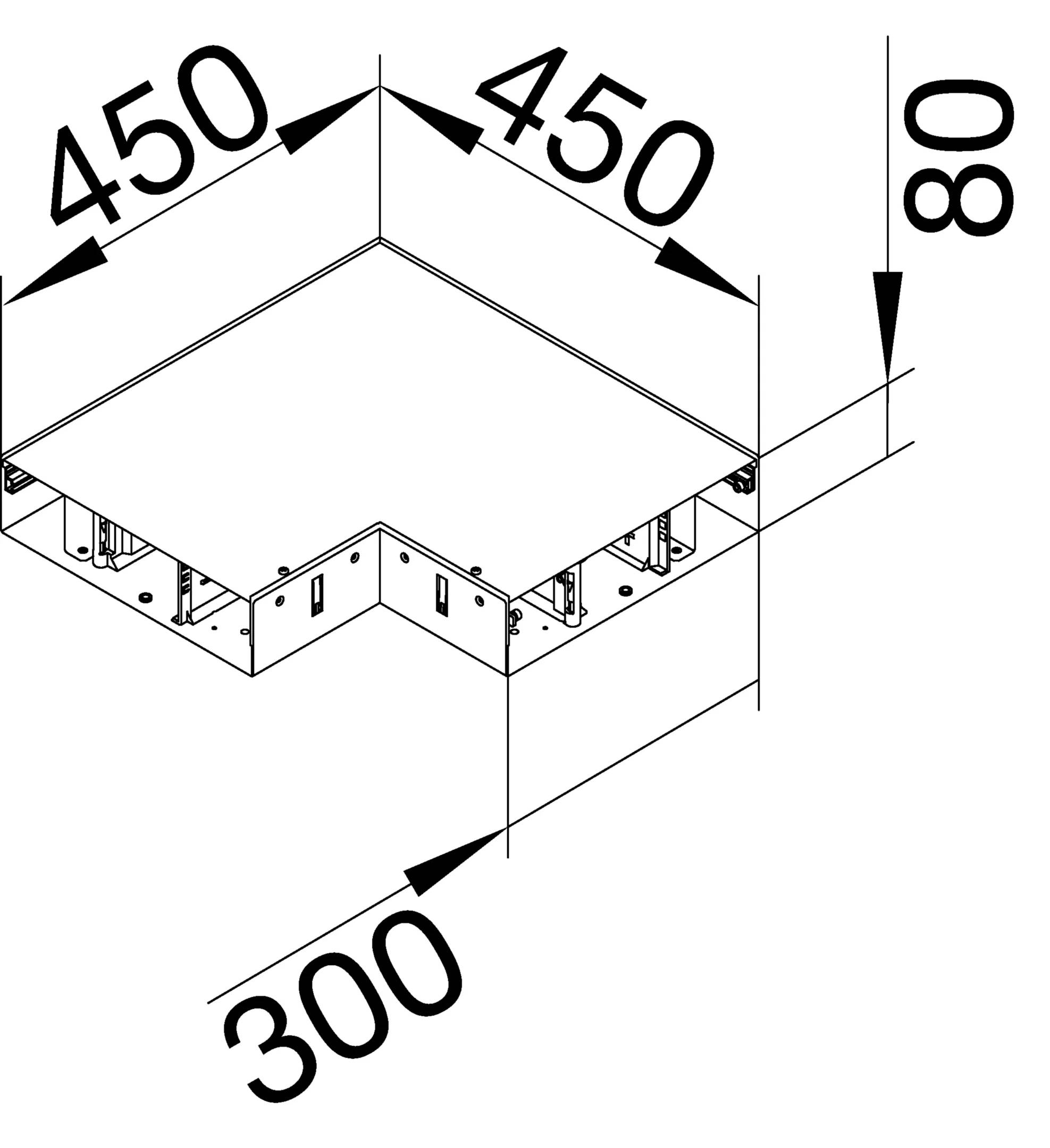 Disegno tecnico di una costruzione metallica rettangolare con dimensioni di 450x450x300 mm e un'altezza di 80 mm.