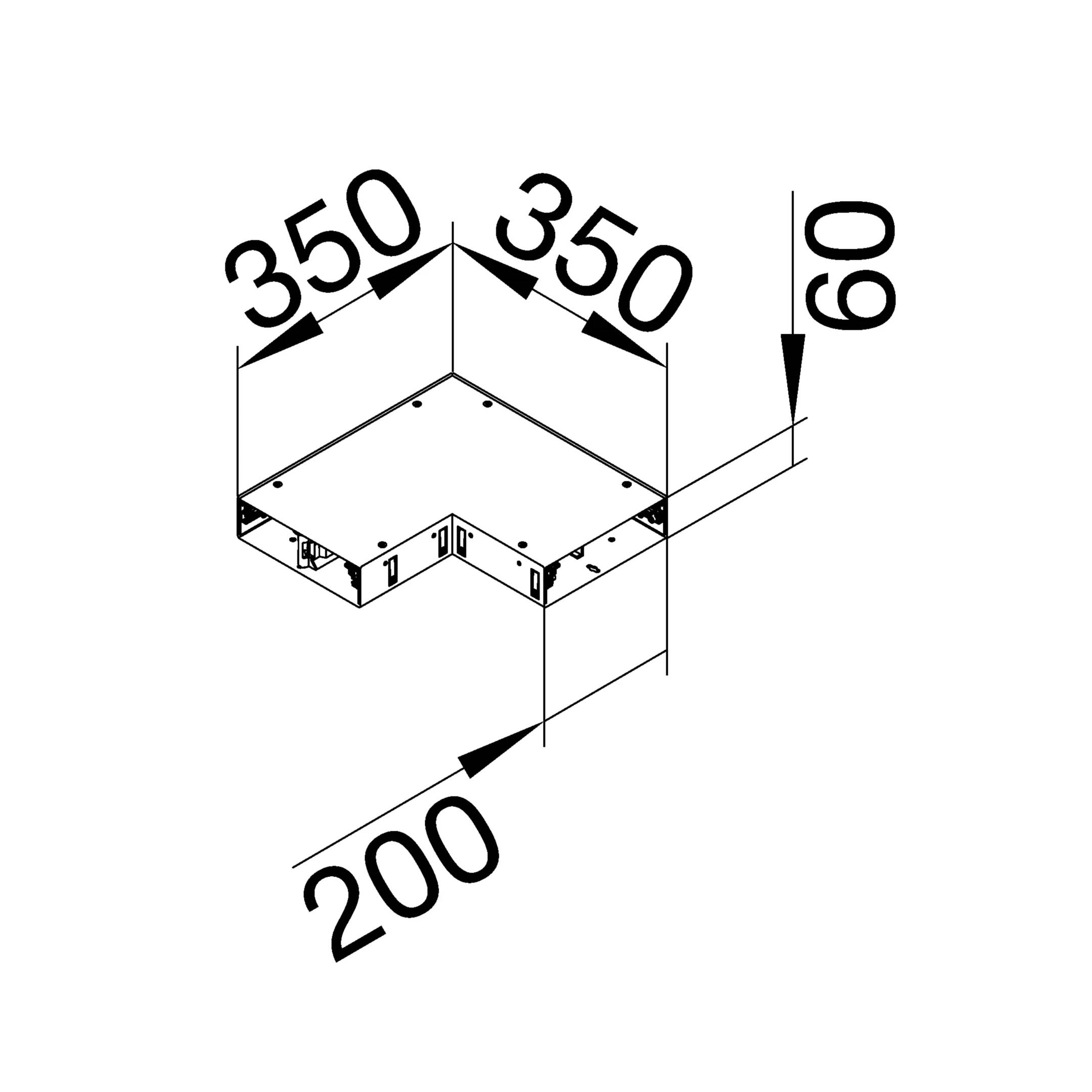Un diagramma tecnico di una struttura a forma di L con dimensioni: lunghezza dei lati 350 mm e 350 mm, larghezza 200 mm, altezza 60 mm.