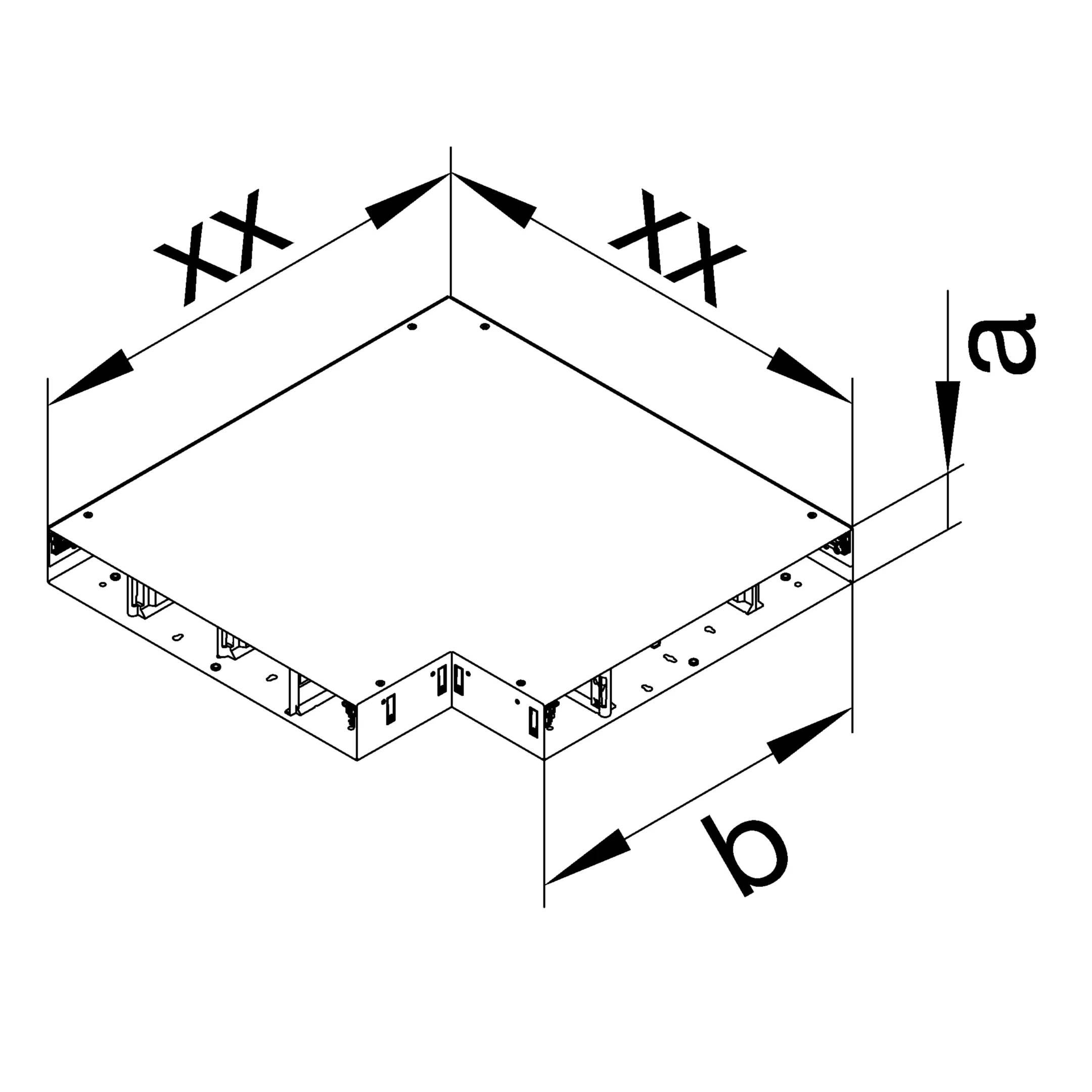 Disegno tecnico di una piastra a L con quote 'a', 'b', 'xx'. Viste dall'alto, laterali e etichettatura dei bordi.