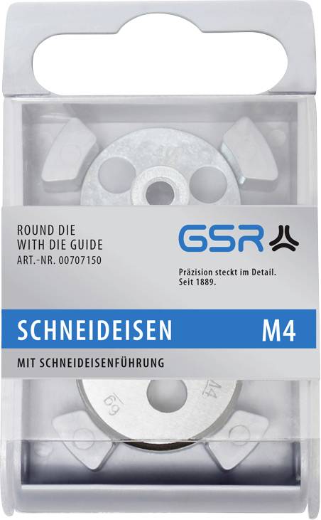 Confezione per filiere M4 di GSR con la scritta 'La precisione è nei dettagli. Dal 1889'. Cod. art. 00707150.