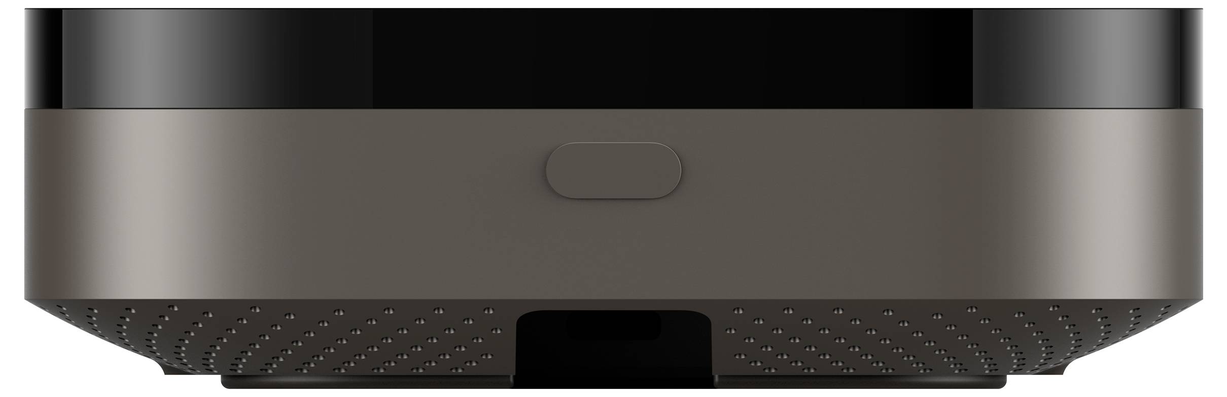 Dispositivo tecnologico nero e marrone con un pulsante rettangolare sul davanti e un involucro rotondo.