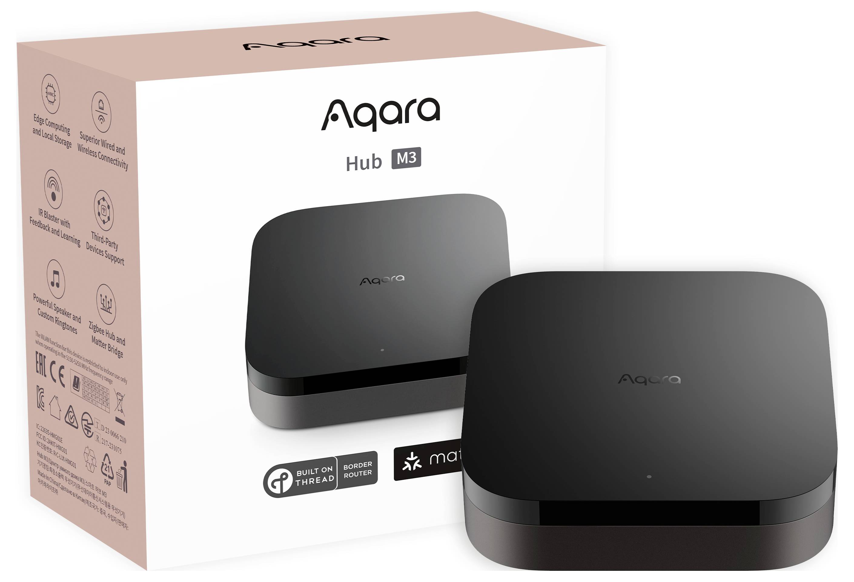 Un hub centrale di controllo smart home nero (Hub M3) di Aqara accanto alla sua confezione, che mostra icone tecniche ed etichette.