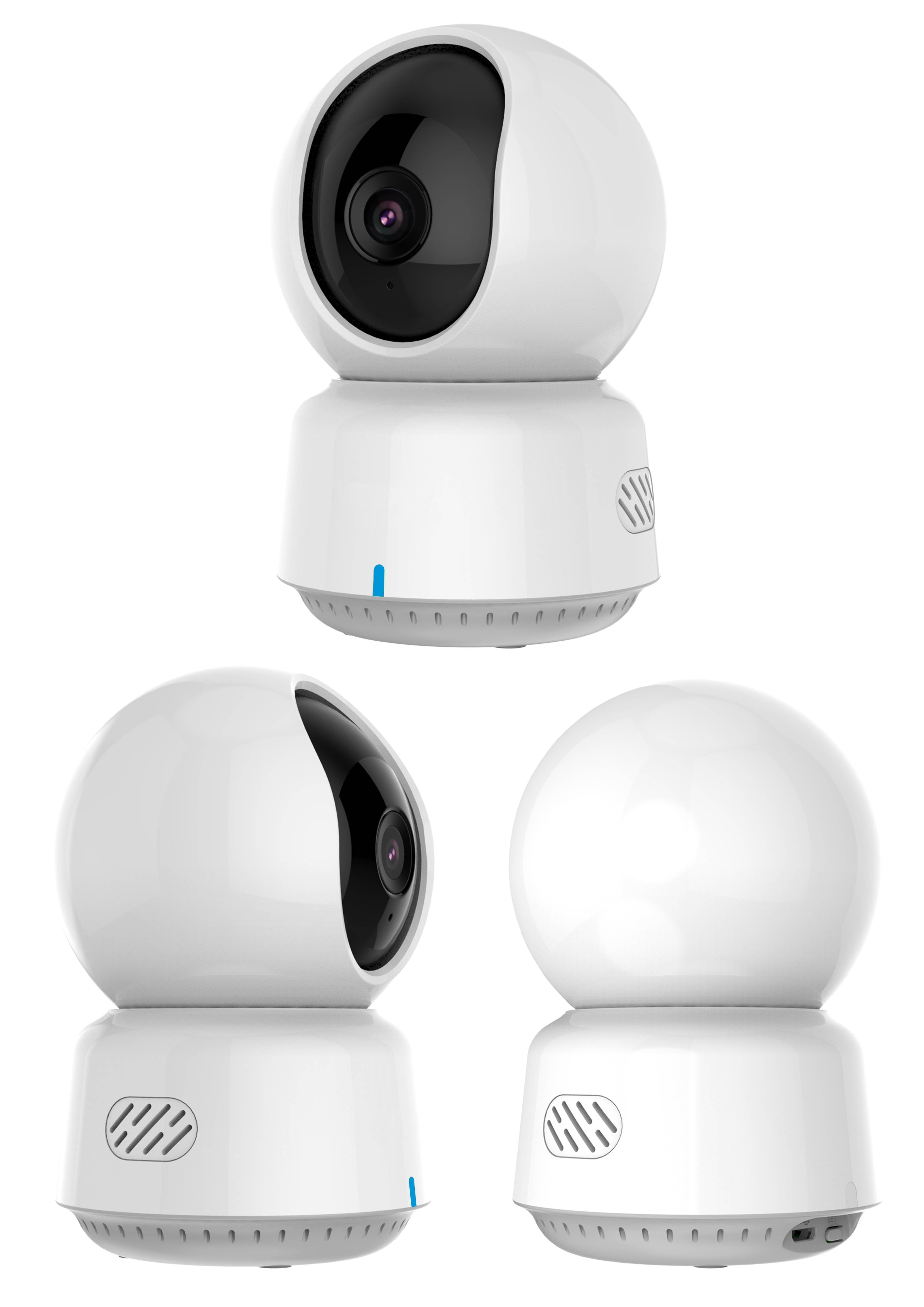 Tre viste di una telecamera di sicurezza bianca con design circolare e lente nera, rappresentate da diverse angolazioni.