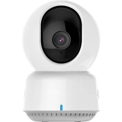 Telecamera di sorveglianza bianca con obiettivo nero al centro, adatta per uso interno per la sicurezza e il monitoraggio.