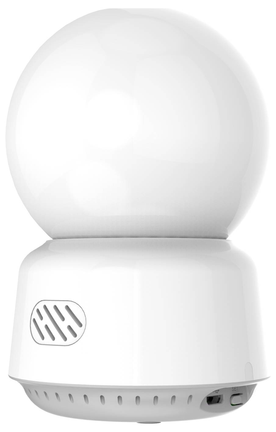 Una telecamera di sorveglianza bianca, a forma di sfera, montata su una base rotante. Ha fessure di ventilazione e un connettore.