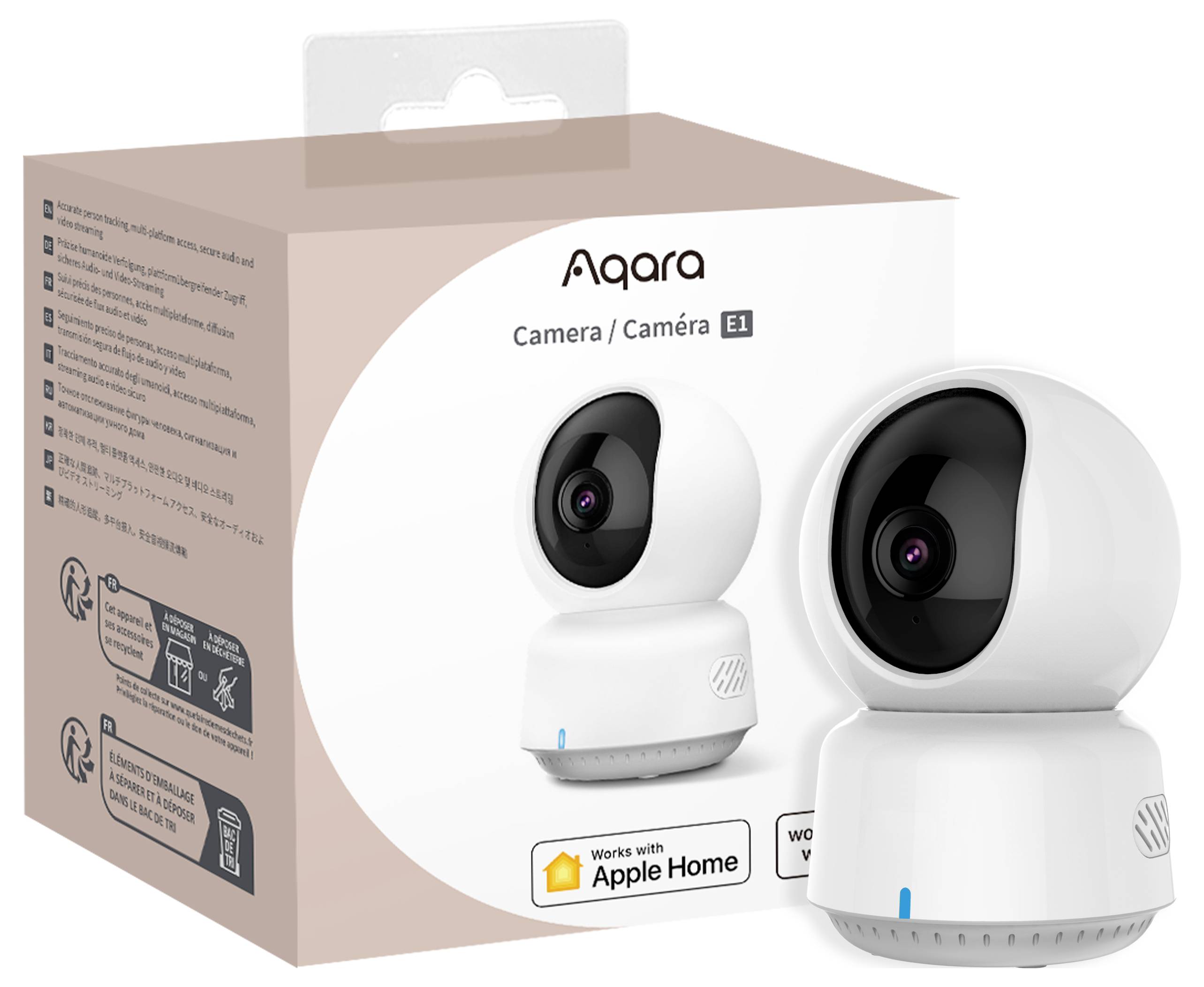 Una telecamera di sicurezza bianca 'Aqara Camera E1', raffigurata accanto alla sua confezione, compatibile con Apple Home.