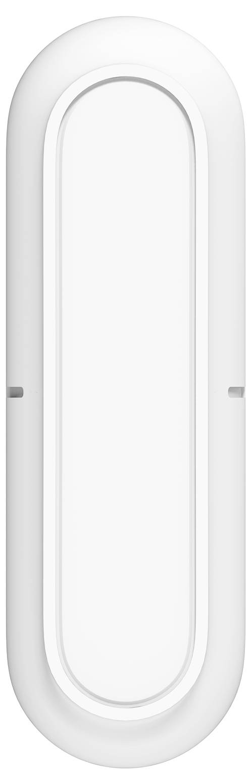 Un dispositivo bianco, allungato, dal design minimale, probabilmente un sensore o un pulsante, su uno sfondo bianco.