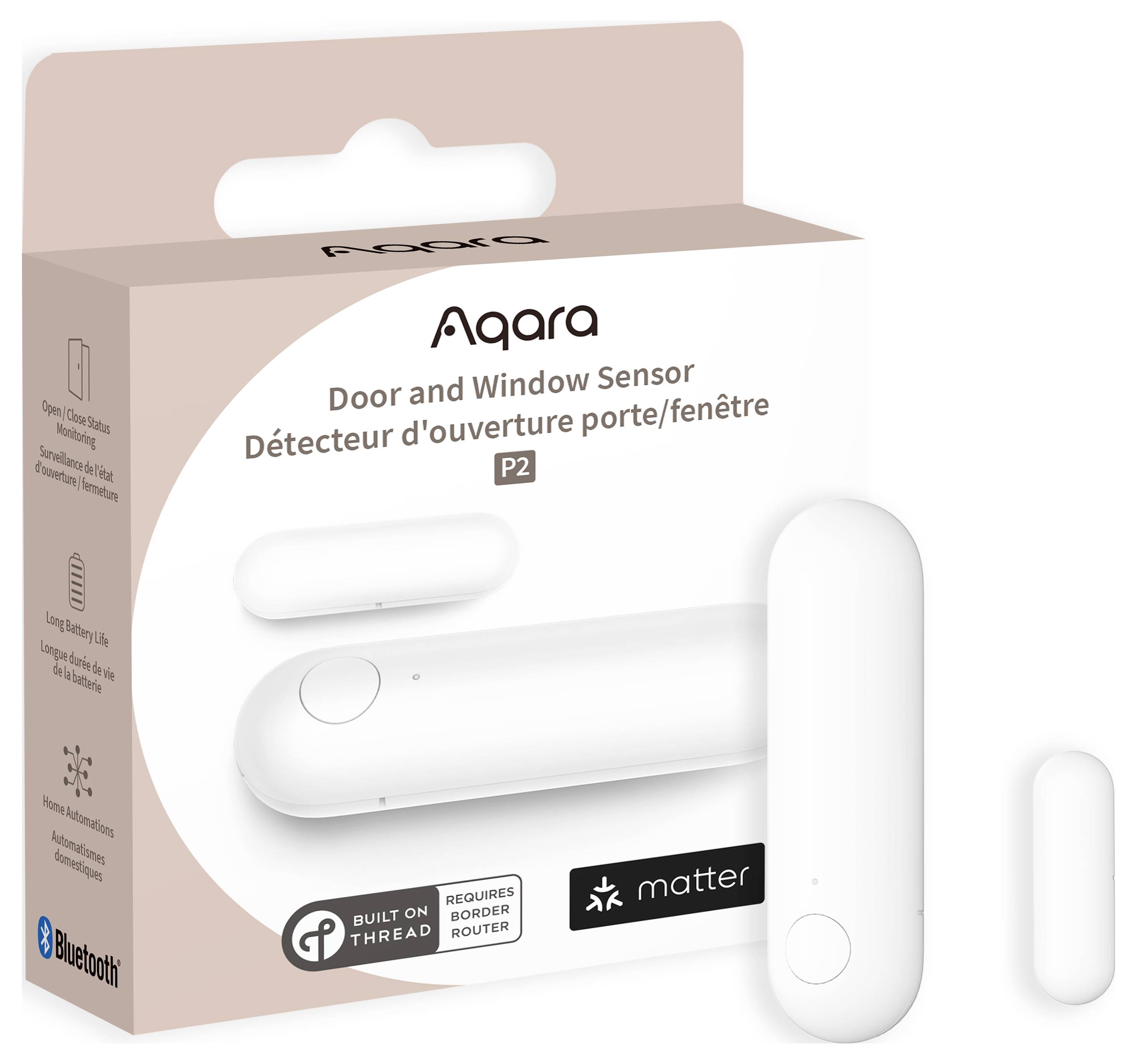 Una confezione di un sensore Aqara per porte e finestre P2 con supporto Matter. Contiene immagini del sensore e indicazioni sulla compatibilità.