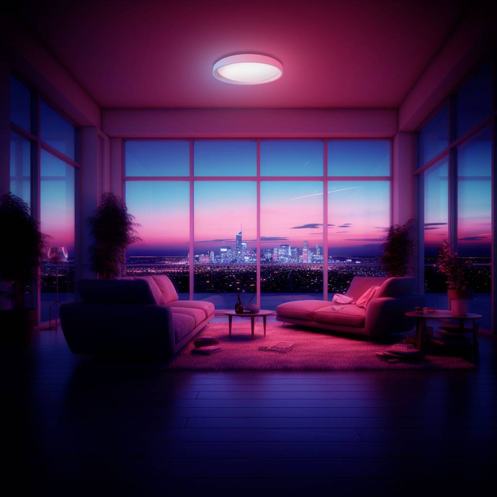 Un soggiorno moderno con vista su una città illuminata al tramonto. Luci al neon illuminano l'ambiente in sfumature di blu e rosso.