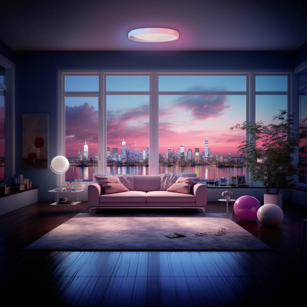 Soggiorno con finestra panoramica, dietro di essa una vista della città al tramonto. Arredamento moderno, divano, lampada da terra e piante.