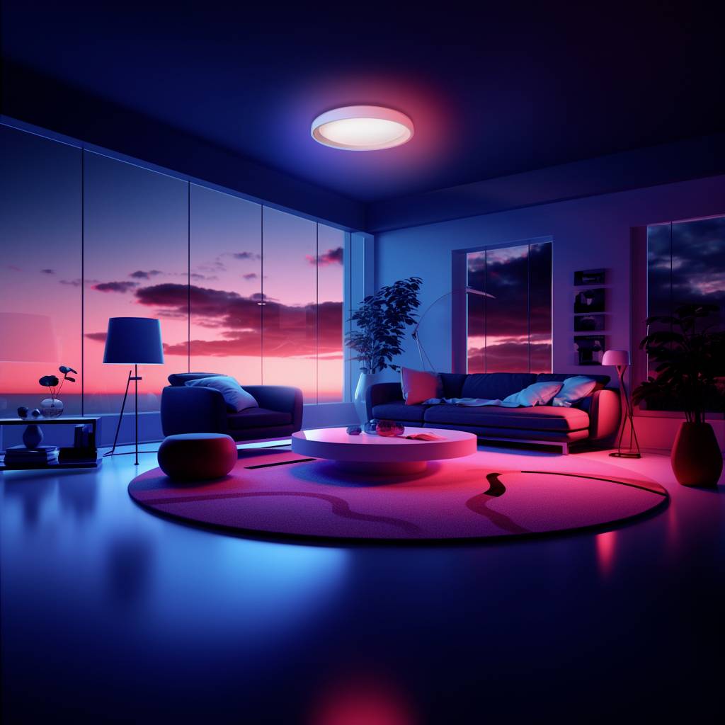 Un soggiorno moderno con illuminazione in tonalità di blu e rosso, grandi finestre e un tavolo rotondo al centro, trasmette un'atmosfera rilassata.