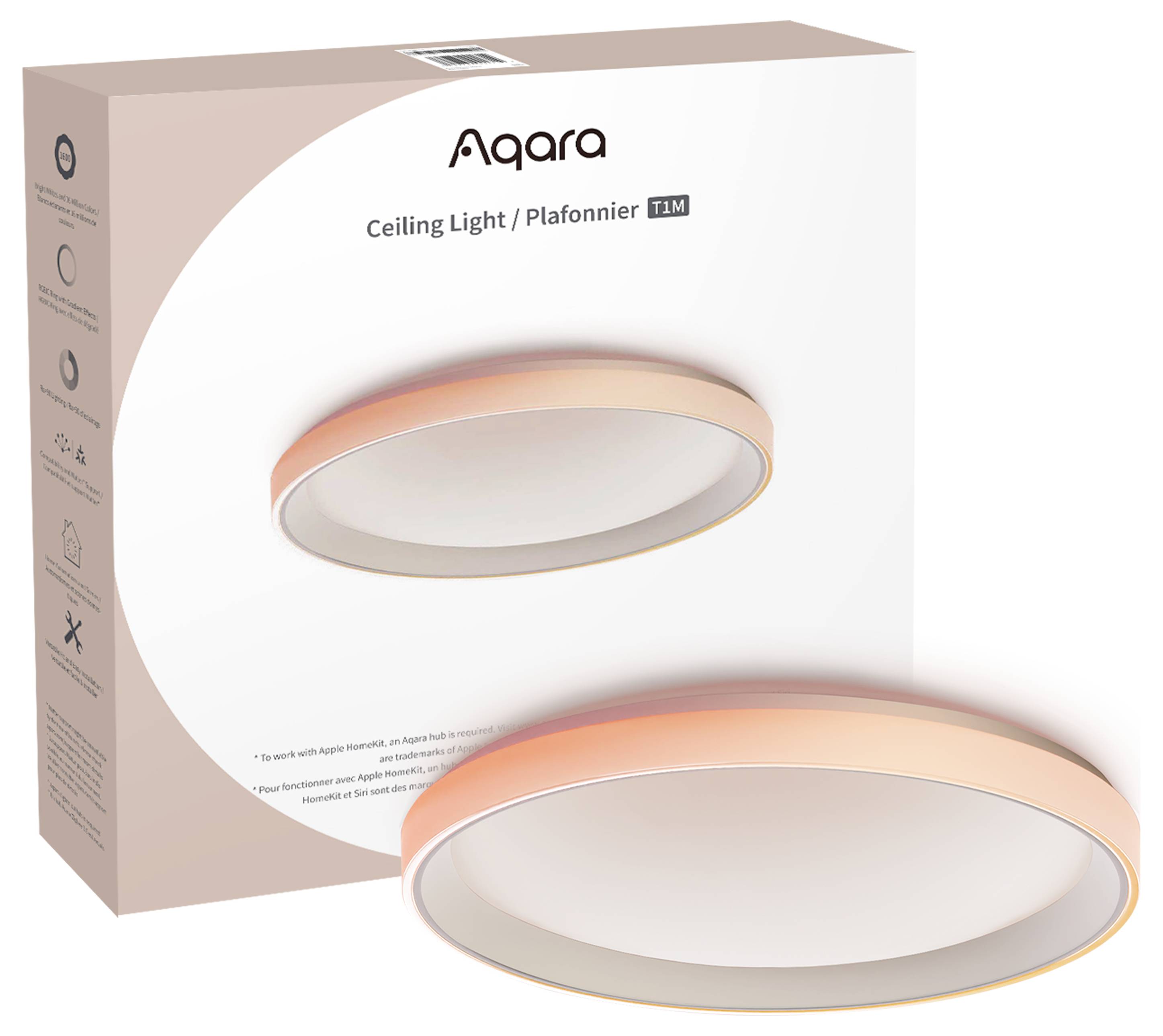 Confezione di un'illuminazione a soffitto Aqara con immagine del prodotto. Lampada rotonda con illuminazione soft e colore arancione.