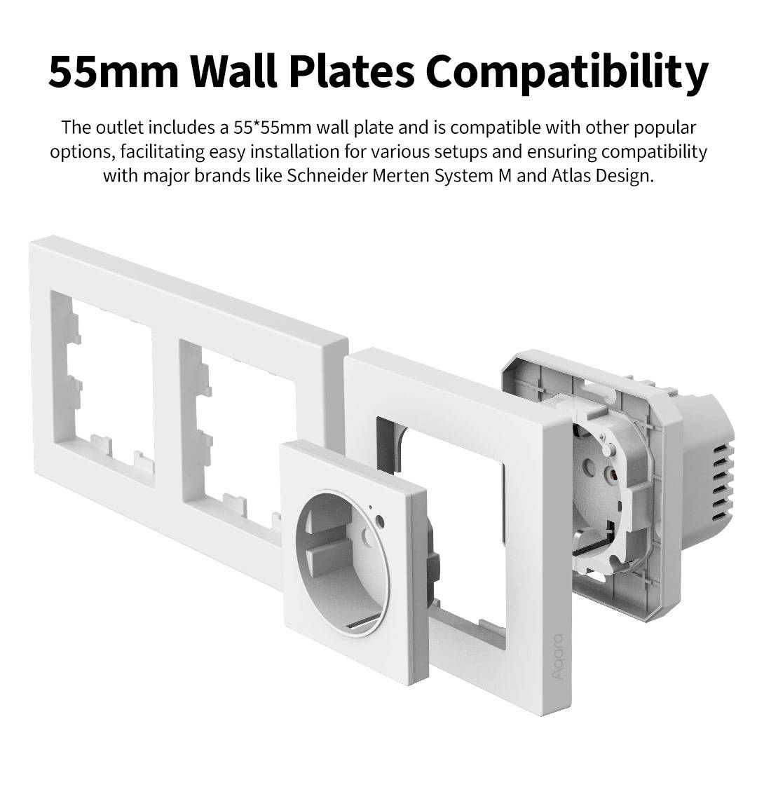 Presa elettrica con cornice da 55x55 mm, compatibile con i principali marchi. Mostra l'accesso per il montaggio in diverse configurazioni.