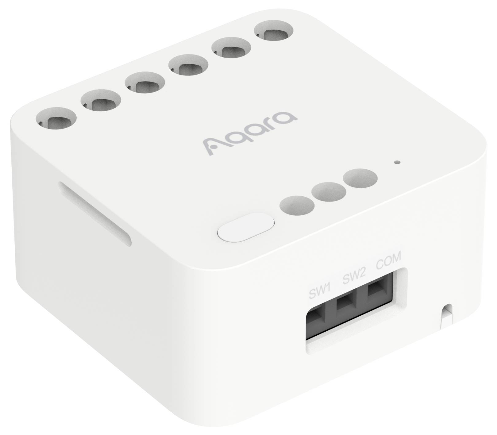 Sensore smart home bianco e quadrato di Aqara con molteplici connessioni e un pulsante sulla parte superiore.