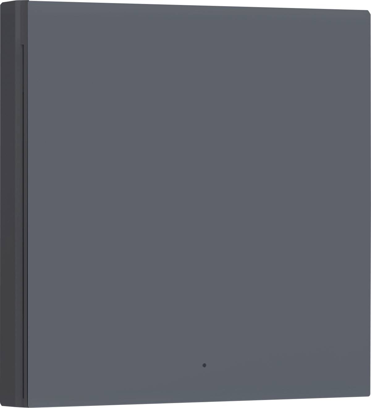 Una semplice scatola metallica quadrata di colore grigio scuro con superficie liscia.