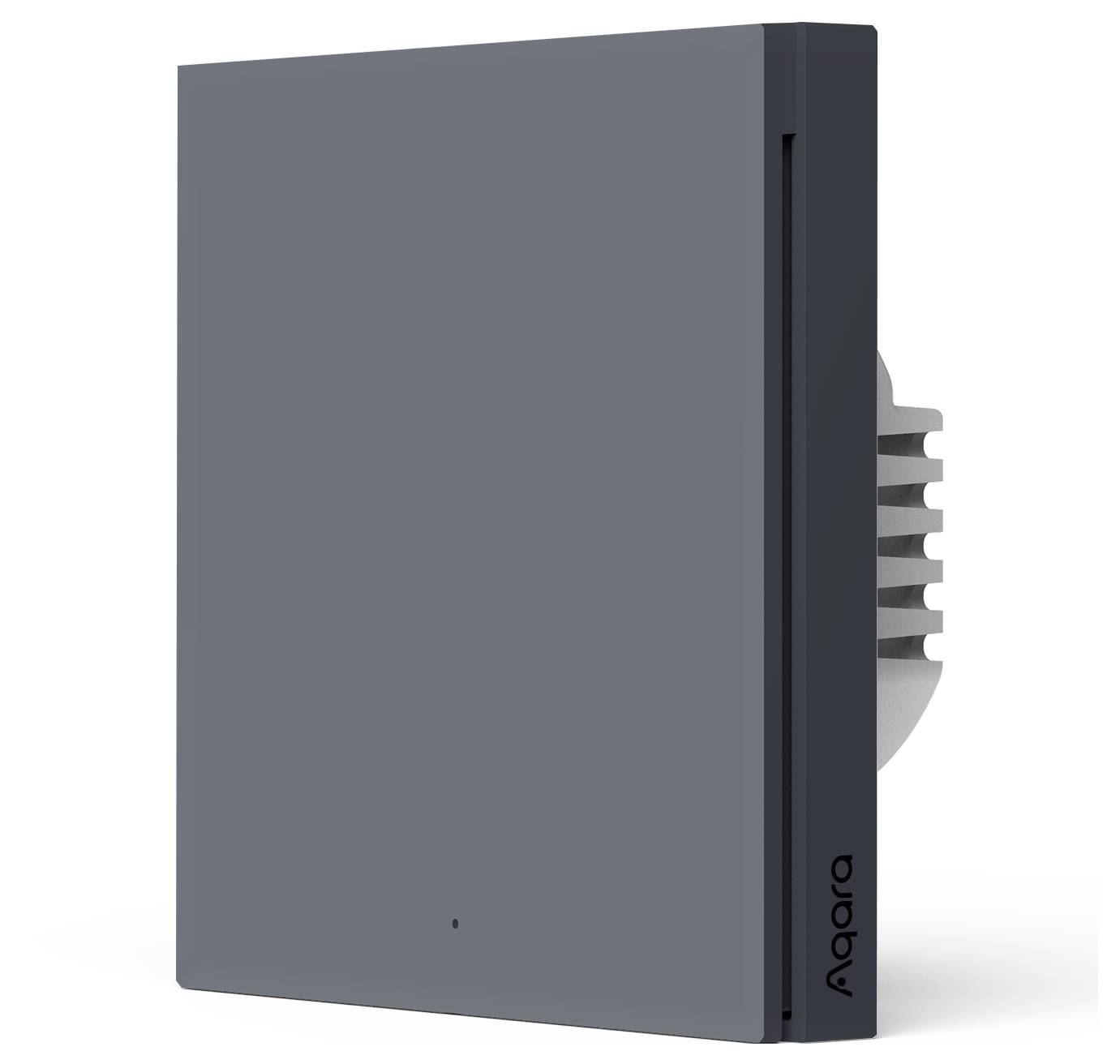 Un interruttore a parete grigio di Aqara con design moderno, essenziale e spessore minimo. Adatto per l'integrazione in un sistema domotico.