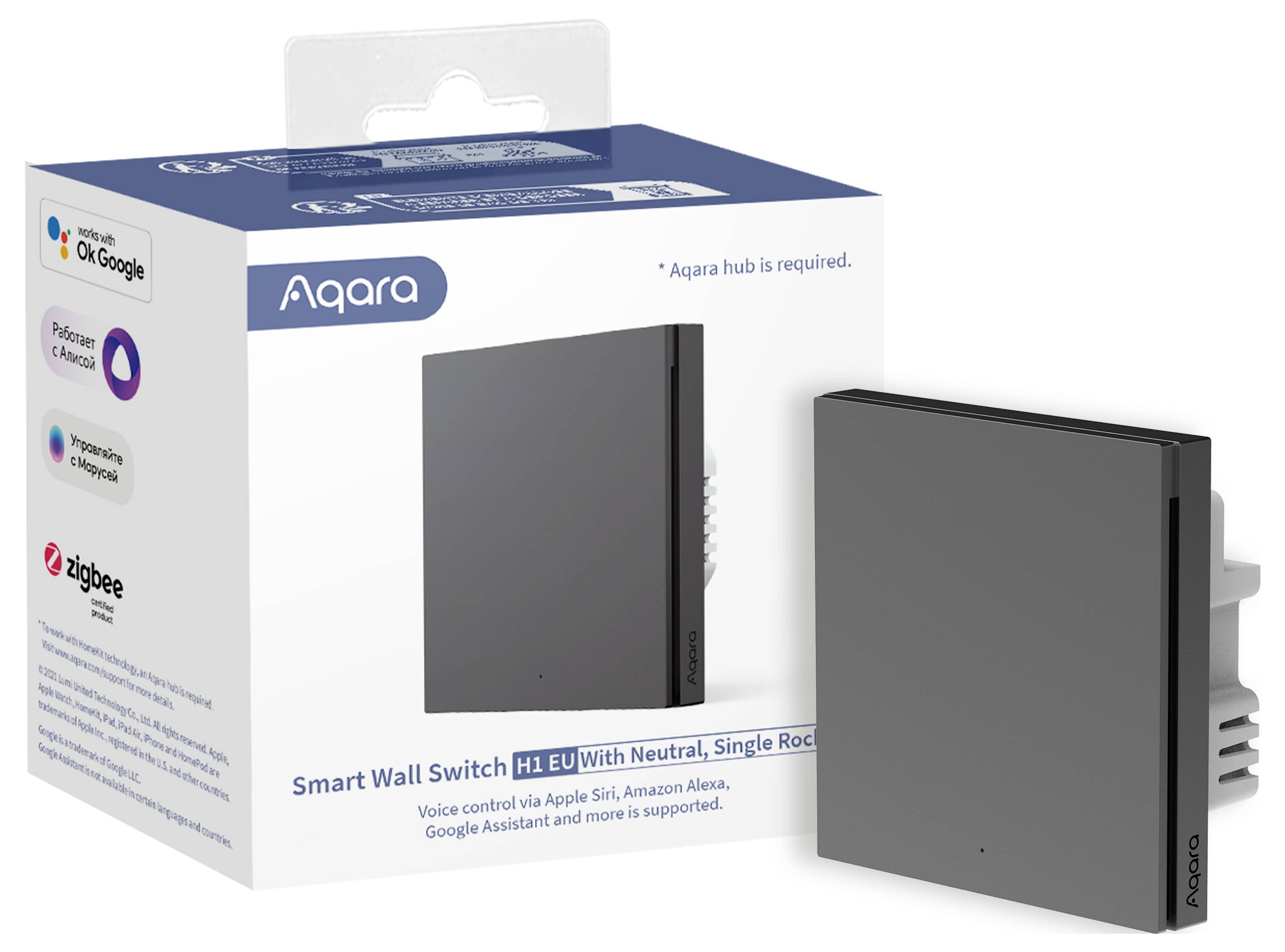 'Smart Wall Switch H1 EU' di Aqara per il controllo vocale con Apple Siri, Amazon Alexa e Google Assistant, compatibile con Zigbee. Confezione e interruttore illustrati.