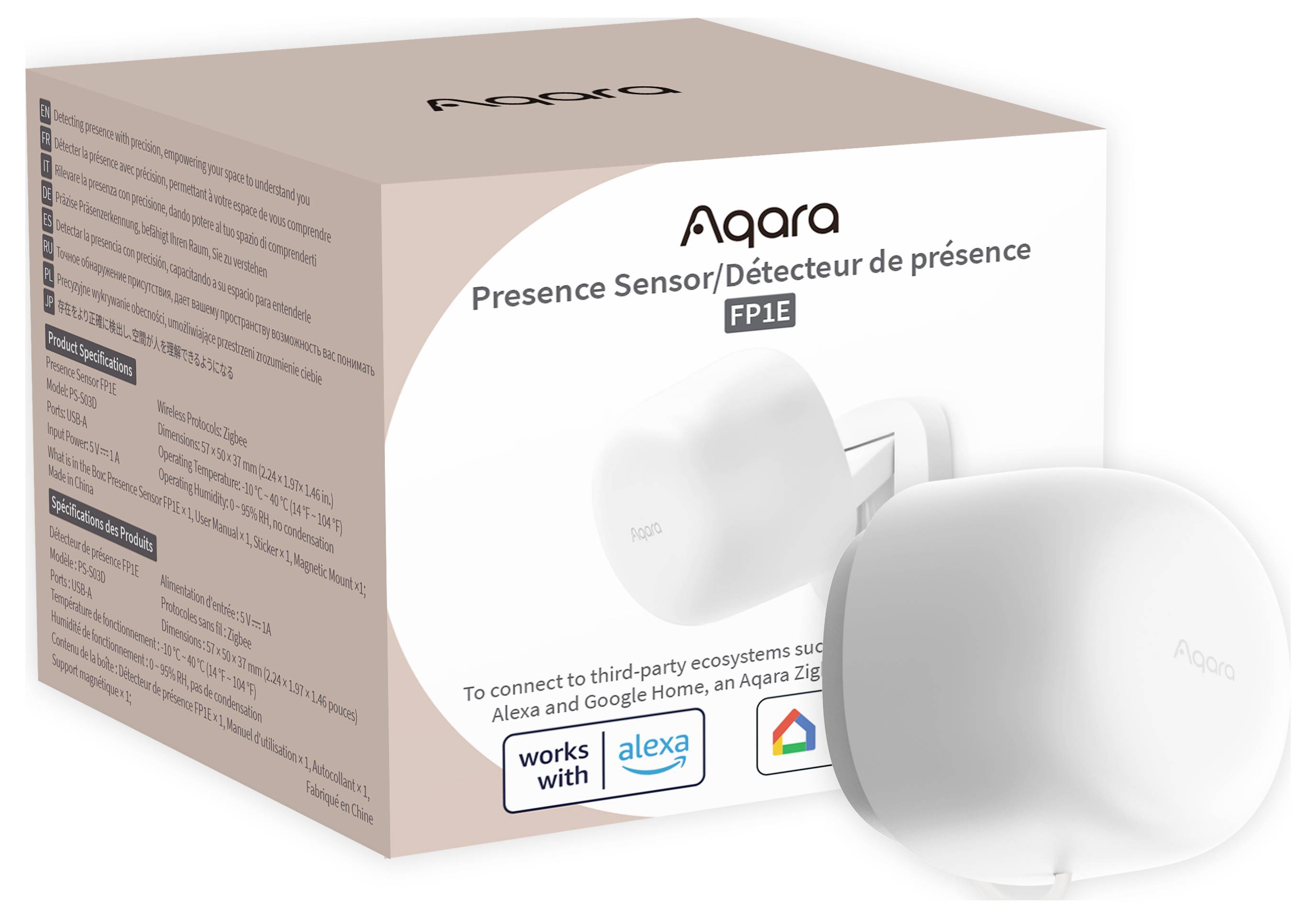 Sensore di presenza Aqara FP1E in bianco, raffigurato davanti alla sua confezione. Supporta l'integrazione con Alexa e Google Home.