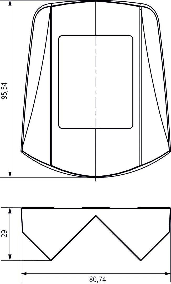 Disegno tecnico di un veicolo dalla vista dall'alto, mostra un cofano motore rettangolare e linee inclinate sui lati, con quote dimensionali a sinistra.