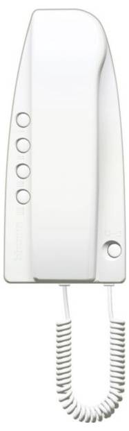 Un telefono da parete bianco con cornetta e filo. Quattro tasti di controllo sono posizionati al centro. Design semplice e moderno.