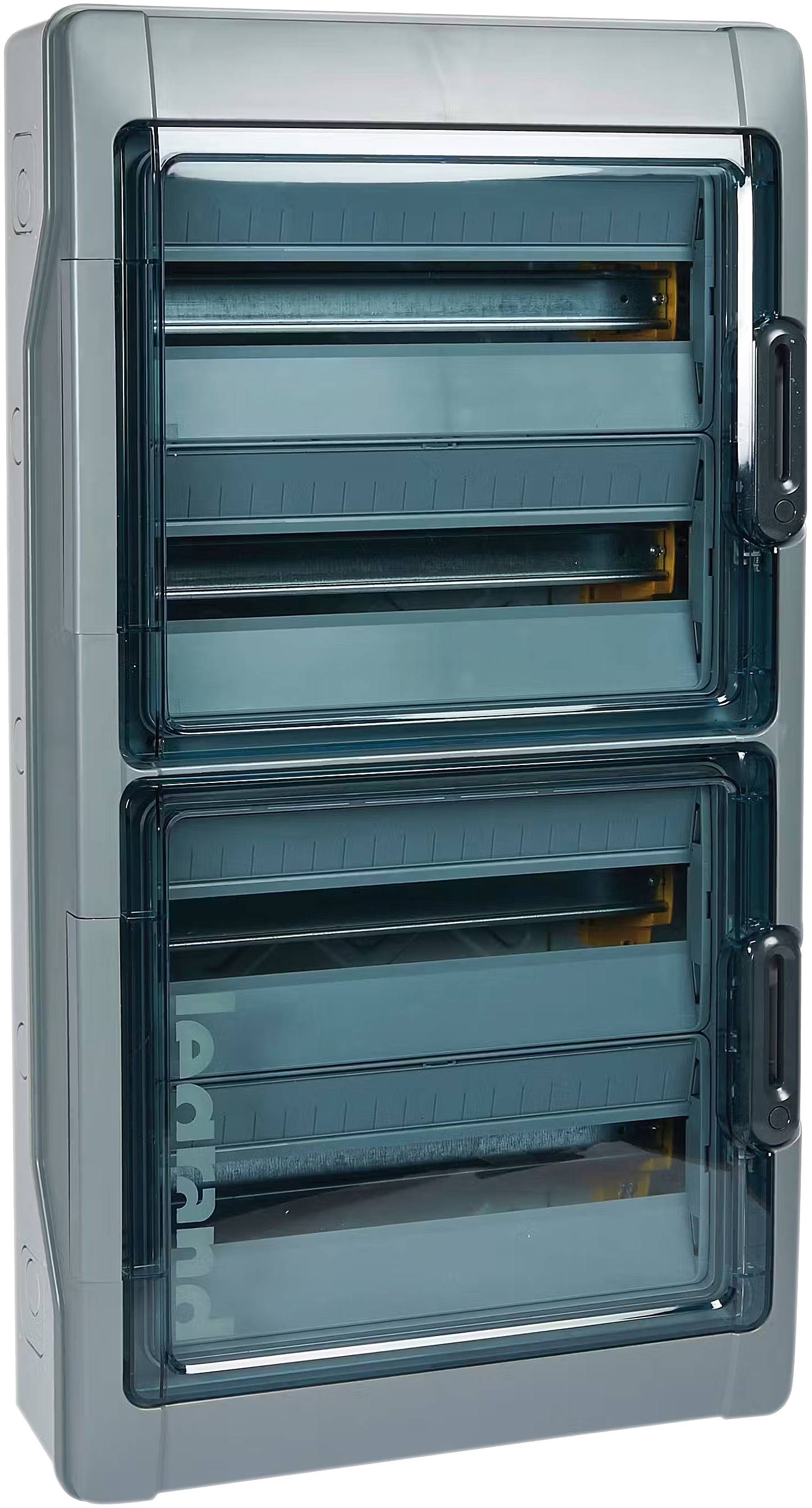 Un involucro grigio rettangolare per quadro elettrico con tre coperture trasparenti simili a porte, adatto per applicazioni interne.