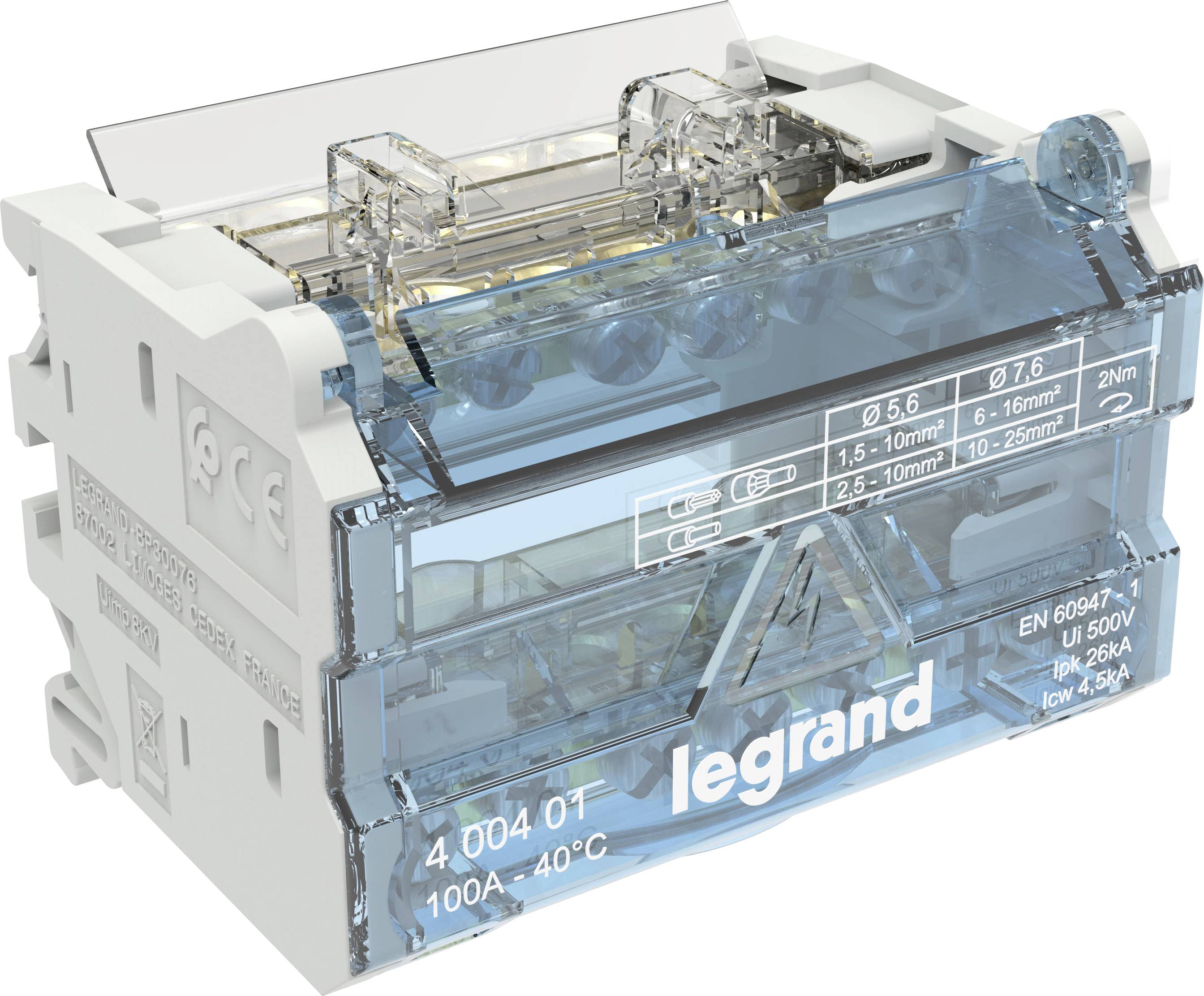 Morsettiera elettrica trasparente blu di Legrand, idonea per sezioni di cavo da 1,5 a 16 mm², che mostra specifiche tecniche.