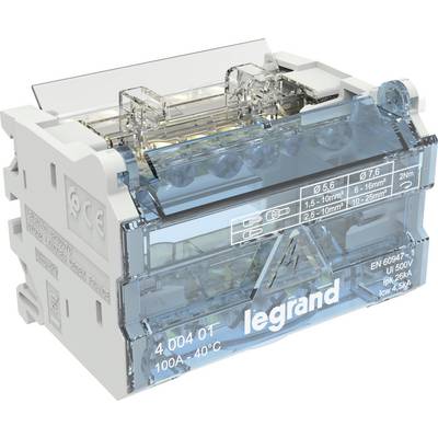 Morsettiera elettrica trasparente blu di Legrand, idonea per sezioni di cavo da 1,5 a 16 mm², che mostra specifiche tecniche.