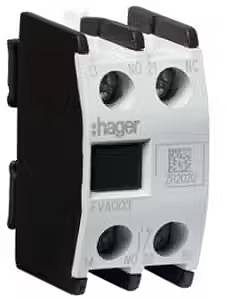 'Componente elettrica di Hager, custodia nera e bianca con quattro connessioni rotonde, codice QR e scritta Hager.'