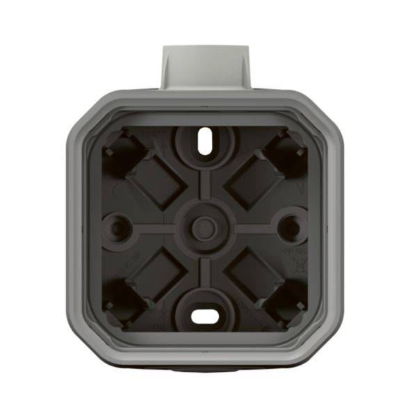 Custodia in plastica grigia, quadrata, con quattro punti di fissaggio interni e due aperture; adatta per connessioni elettriche.