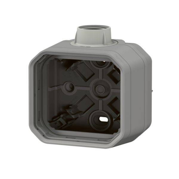 Scatola di derivazione quadrata grigia in plastica con raccordo circolare superiore, idonea per impianti elettrici interni.