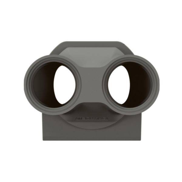Un pezzo in plastica grigio e cavo con due aperture rotonde affiancate, che assomiglia a un binocolo, su uno sfondo chiaro.