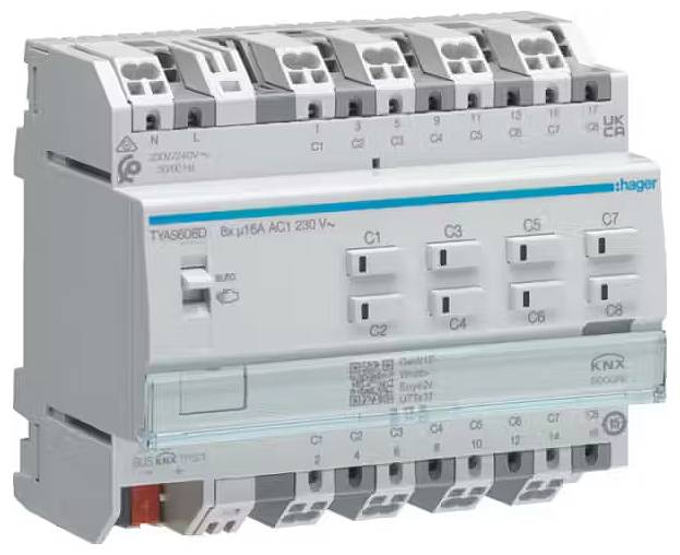 Dispositivo elettrico con più interruttori e connessioni, etichettato 'Hager', che mostra il modello e i dettagli tecnici.