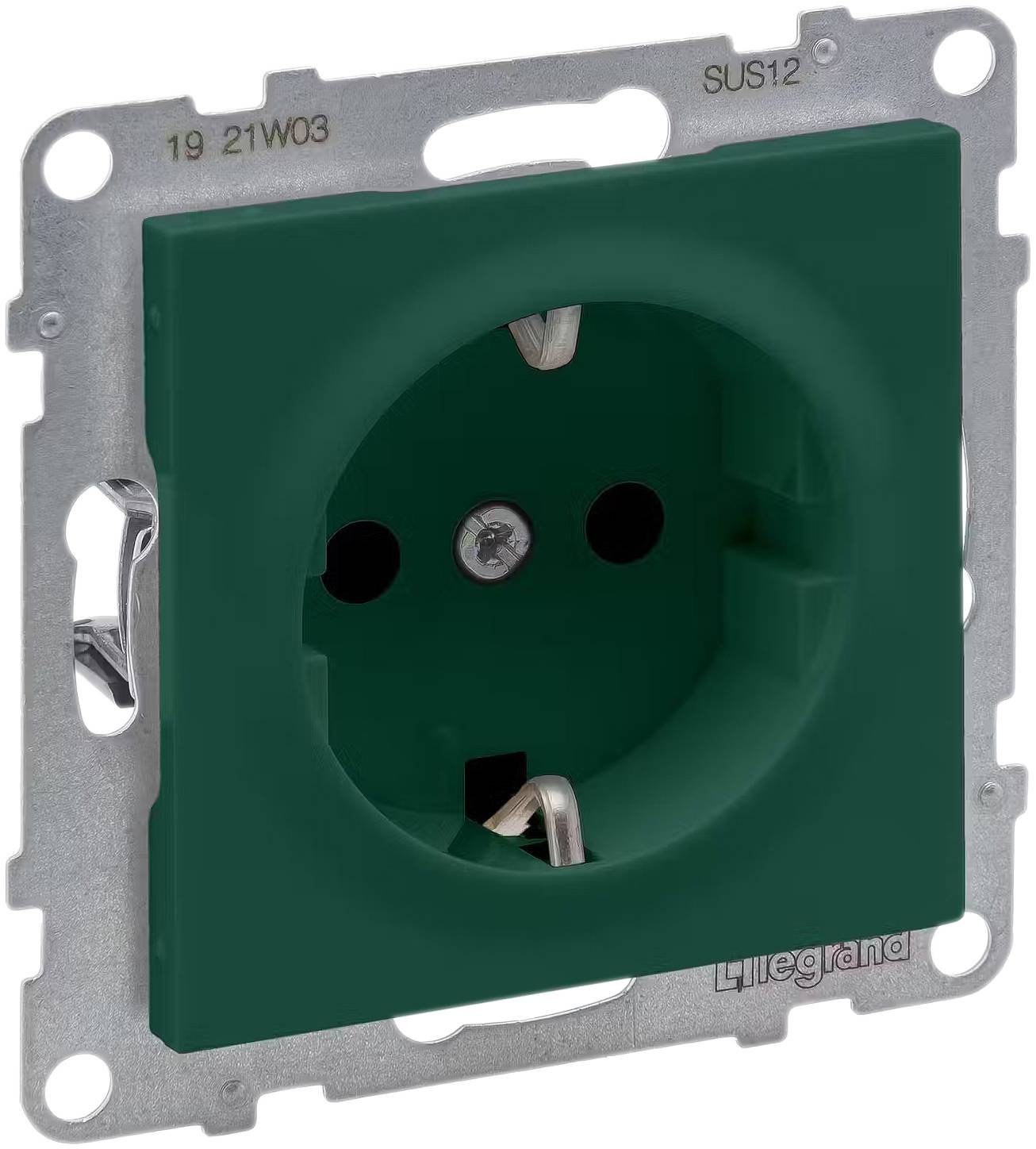 'Presa da incasso in design verde senza cornice, idonea per l'installazione a parete.'