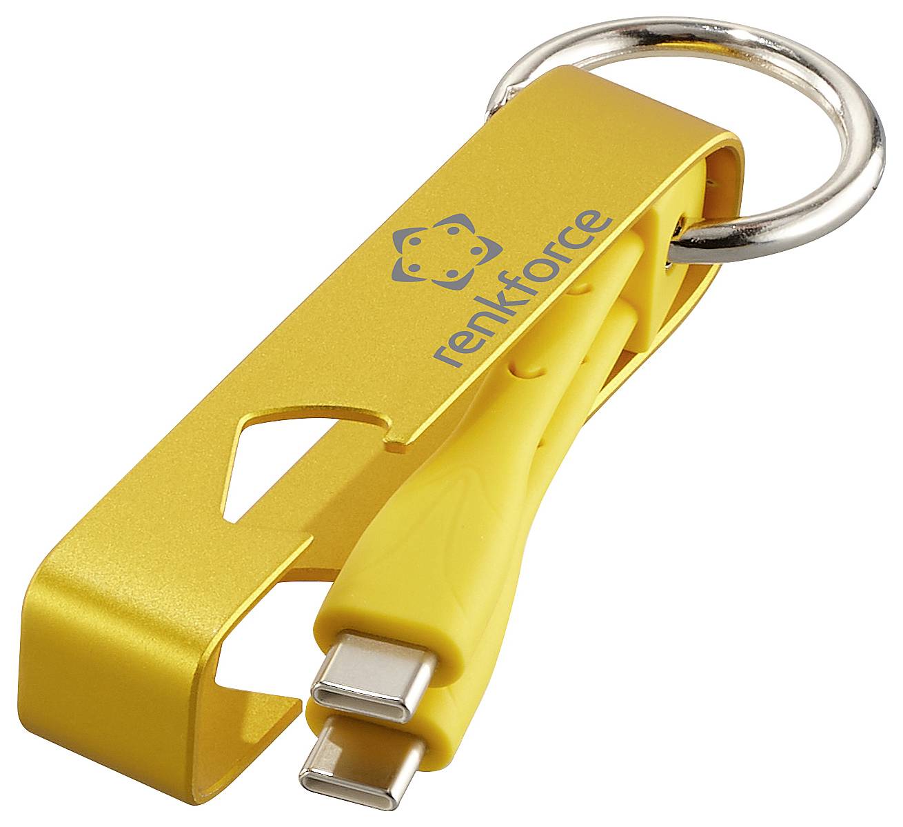 Portachiavi giallo con cavo di ricarica USB-C e apribottiglie. Marca 'Renkforce' stampata. Include anello per chiavi.