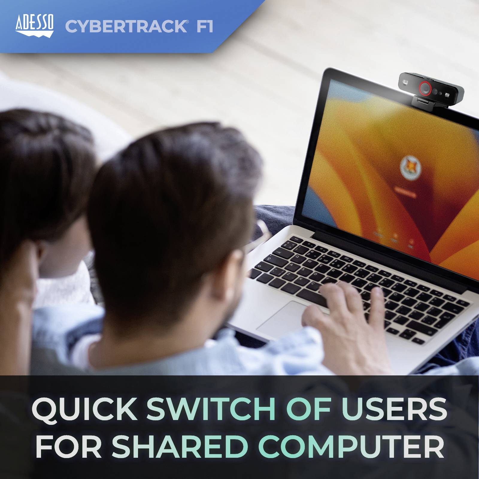 Un uomo lavora su un laptop con webcam. Lo schermo mostra una finestra di accesso. Un testo recita: 'Cambio rapido di utenti per computer condiviso'.